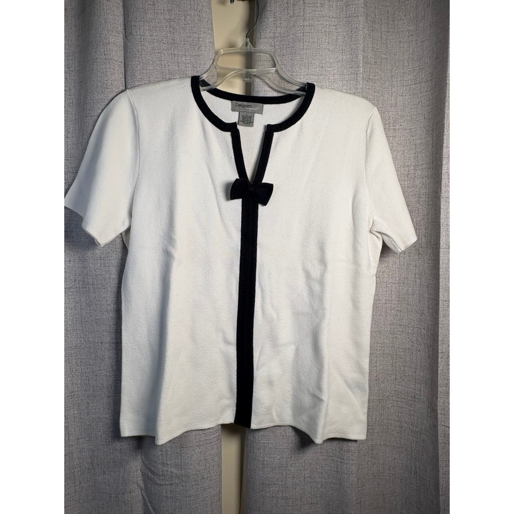 Designers Originals Women Cream Black Bow Trim Short Sleeve Knit Top Size L